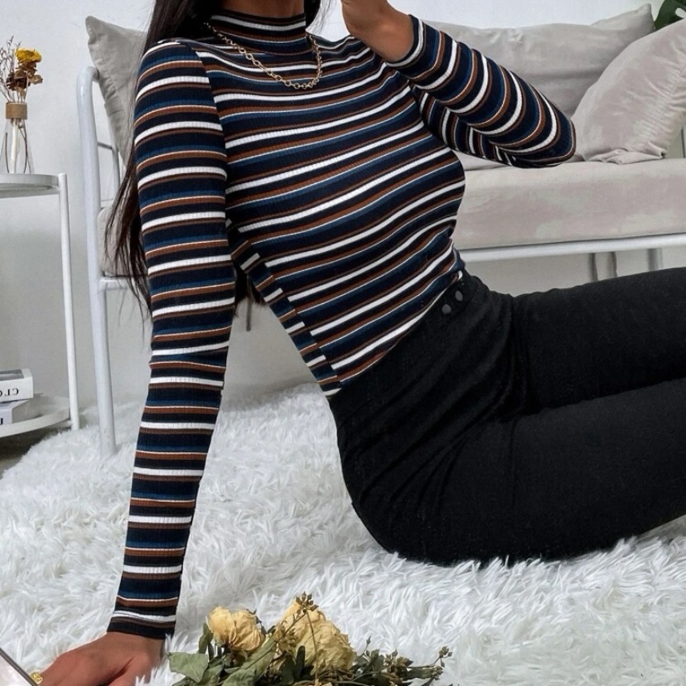Colorful Striped Long Sleeve Mock Neck Tee